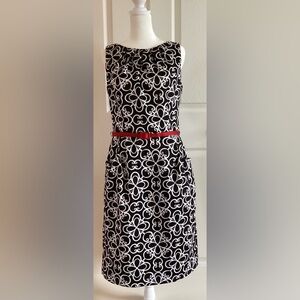 London Times Black and White Patterned Dress with Red Belt Size 8